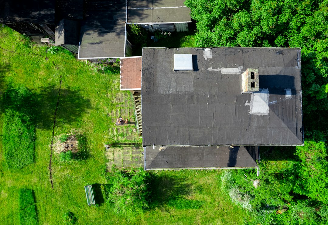 Aerial view of a house surrounded by tall trees