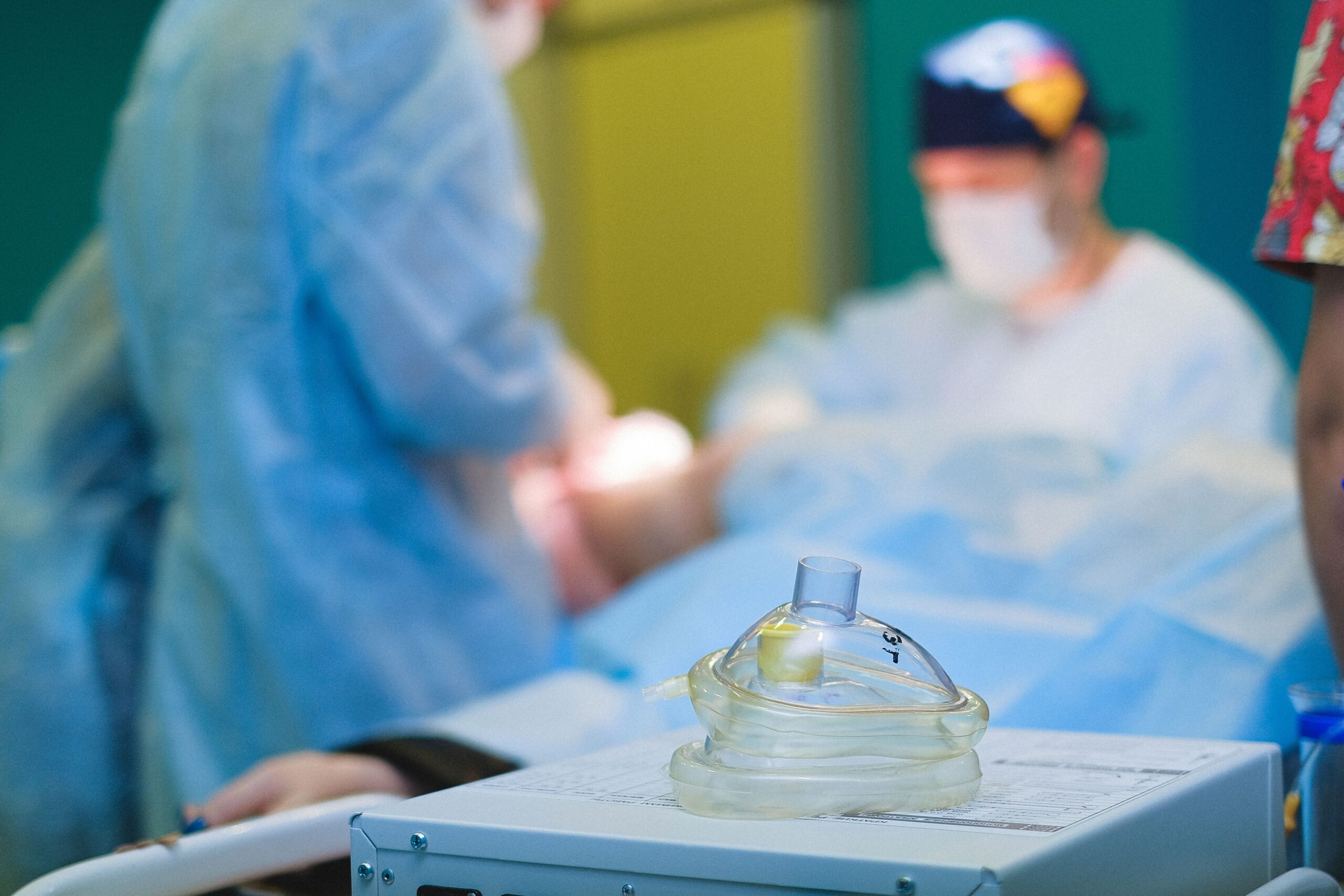 Oxygen masks and anesthesia equipment in an operating room